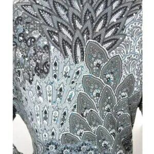 Biba Gray Blue Sequin Deco Style Peacock Floral Soft & Stretchy Shift Dress XL